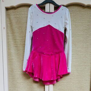 Ice Fairy Figure Skating Dress Pink White Velvet Long Sleeved Rhinestones Skirt
